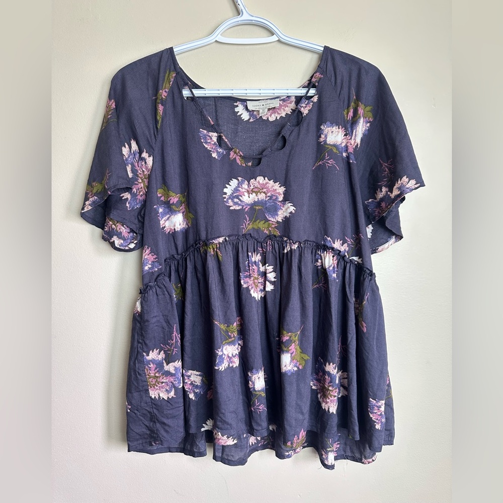 Lucky Brand Navy Floral Short-Sleeve Babydoll Blouse